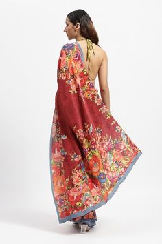 Red saree with printed rose bloom and garden motifs. Comes with running blouse piece. - Aza Fashions Summer Floral Print Dupatta, Red Silk Dupatta With Digital Print, Summer Floral Print Georgette Dupatta, Spring Floral Print Saree, Traditional Summer Saree With Digital Print, Unstitched Floral Print Saree For Spring, Red Floral Print Georgette Dupatta, Festive Red Saree With Floral Print, Traditional Summer Digital Print Saree