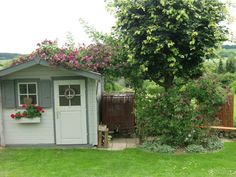 a small shed with flowers growing on the roof