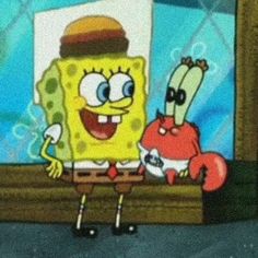 spongebob and squidman are standing next to each other