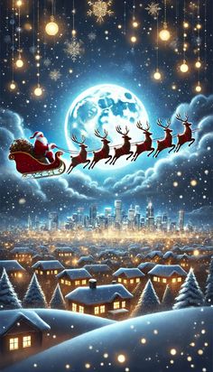 Christmas wallpaper of Santa Claus flying with his 12 Reindeers #chistmas #wallpaper #christmaswallpaper Santa And Reindeer Flying, Santa Claus Wallpaper, Christmas Classroom Door, Christmas Classroom, Classroom Door, Christmas Wallpaper, Santa Claus, Reindeer, Christmas Cards