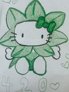 a drawing of a hello kitty with leaves on it's head and numbers below