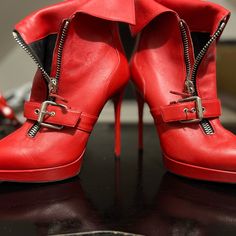 Giuseppe Zanotti Red Biker Boots. Size 39 1/2 (Italy) Us Size 9 1/2. They Have A Couple Scuff Marks On Them. Red Booties, Zanotti Shoes, Giuseppe Zanotti Shoes, Biker Boots, Giuseppe Zanotti, A Couple, Bootie Boots, Ankle Boots, Designer Clothes