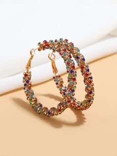 Multi-color rhinestone hoop earrings. Hoop Earrings Aesthetic, Chic Minimalist Style, Vintage Rhinestone Earrings, Earrings Aesthetic, Women's Jewelry Sets, Rhinestone Decor, Watches Women Fashion, Large Hoop Earrings, Mua Sắm