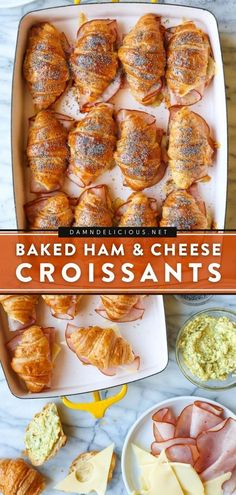 baked ham and cheese croissants in a casserole dish