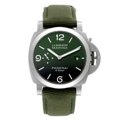 Panerai Luminor Marina Verde Smeraldo Steel Mens Watch PAM01356 Box Card. Automatic self-winding movement. Glucydur? balance, 28,800 alternations/hour. Incabloc? anti-shock device. Power reserve 3 days, two barrels. 200 components. eSteel? cushion case 44mm in diameter. Panerai patented crown protector and green rubberized crown. eSteel? smooth bezel. Scratch resistant sapphire crystal. Green dial with luminous hands and baton hour markers. Luminous Arabic numerals at 6, 9, and 12 o'clock positi Green Chronograph Watch With Rectangular Dial, Luxury Green Watch With Rectangular Dial, Green Chronograph Watches For Formal Occasions, Green Chronograph Watch As Gift, Green Chronograph Watch As A Gift, Classic Green Watch Accessories With Chronometer, Elegant Green Chronometer Watch, Elegant Green Watch Accessories With Subdials, Modern Green Watch Accessories