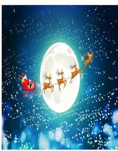 santa's sleigh flying through the night sky with his reindeers on it