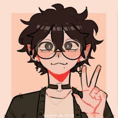 a drawing of a person with glasses making the v sign while wearing a black shirt