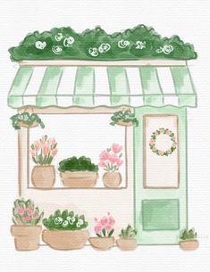 a painting of a store with potted plants outside and a green awning over it