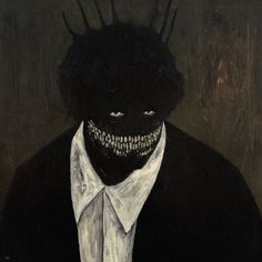 a painting of a man with black hair and fangs on his face