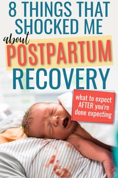 a baby laying on top of a bed with the words 8 things that shocked me about postparum recovery