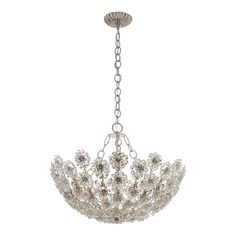 a chandelier hanging from the ceiling with crystal beads on it's chain