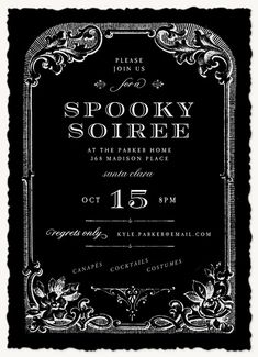 a black and white poster with the words spooky soirere on it