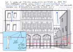 an architectural drawing of a building with lines drawn on the outside and inside, along with text describing how to draw it