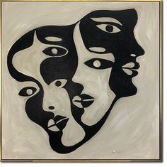 a painting with black and white faces on it