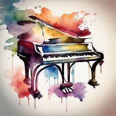 a watercolor painting of a piano with paint splatters all over the surface