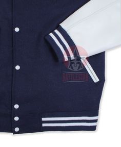 DETAILS OF JACKET The Classic Varsity Jacket Color: Navy Blue / White Navy Blue / White Rib on Neck, Wrist & Bottom/Hem Two External Side Pockets Exterior Sleeve: Cowhide Leather Interior: Polyester lining Style: Classic Varsity Care: DRY CLEAN ONLY We can add custom embroidery, printing, or labels on these jackets as per the customer's demand. Additional charges apply. Navy Varsity Jacket With Ribbed Cuffs For Fall, Fitted Varsity Jacket With Button Closure For College, Blue College Varsity Jacket With Button Closure, Blue Varsity Jacket With Button Closure For College, College Blue Varsity Jacket With Button Closure, Navy Cotton Varsity Jacket For Fall, Fall Varsity Jacket With Snap Buttons, Fitted Varsity Outerwear With Baseball Collar, Classic Navy Varsity Jacket For Fall