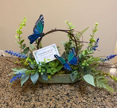 a basket filled with green plants and butterflies on top of a granite counter next to a sign