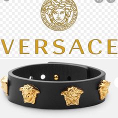 Versace Medusa Stud Leather Bracelet Size 1.6 Cm Versace Watches Women, Versace Bracelet, Key Bracelet, Versace Gold, Versace Jewelry, Chic Leather, Braided Leather Bracelet, Gold Bracelet Cuff, Gold Cuffs