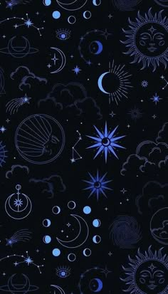 the sun, moon and stars are all drawn in blue ink on black paper with white outlines