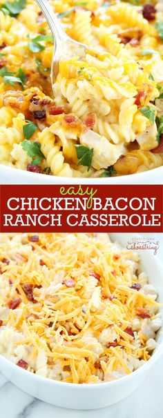 chicken and bacon ranch casserole in a white dish