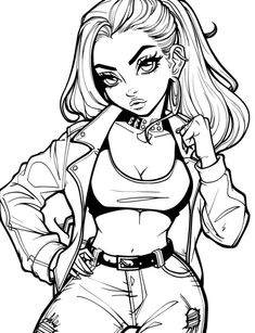 a drawing of a girl with long hair and piercings on her head, wearing jeans