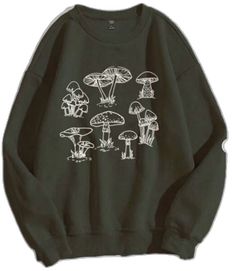 Casual Fall Sweatshirt With Mushroom Print, Casual Mushroom Print Sweatshirt For Fall, Fall Mushroom Print Crew Neck Sweatshirt, Casual Crew Neck Sweatshirt With Mushroom Print, Casual Long Sleeve Top With Mushroom Design, Winter Cotton Tops With Mushroom Print, Mushroom Print Tops For Fall Streetwear, Relaxed Fit Fall Tops With Mushroom Print, Relaxed Fit Top With Mushroom Print For Fall