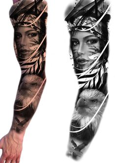 an arm with two different tattoos on it and one is made up of feathers, the other