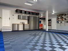 Organized & Clean Garage Flooring Diy Garage Floor, Garage Tiles, Grey Garage, Garage Storage Plans, Garage Game Rooms, Garage To Living Space, Garage Tile