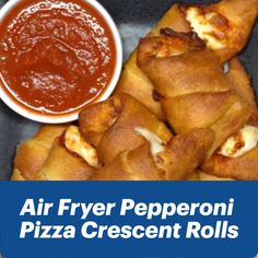 an air fryer pepperoni pizza crescent rolls with dipping sauce