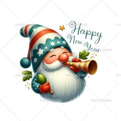 a happy new year greeting card with santa claus holding a bell and holly wreaths