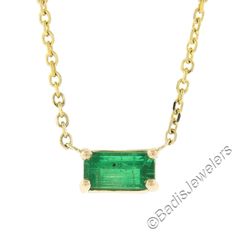 "--Stone(s):-- (1) Natural Genuine Emerald - Elongated Rectangular Step Cut - Prong Set - Medium Green Color  Total Carat Weight: 0.48 (exact) Material: Solid 14k Yellow Gold Weight: 2.14 Grams Chain Type: 0.7mm Cable Link Chain Length: Adjustable at 16 or 18 inches (approx. measured w/ pendant) Clasp: Lobster Claw Width: 6.8mm (0.26\") Height: 3.8mm (0.15\") Thickness: 4.4mm Condition: New Custom. Stock Number: MK-39026099-23092224 Follow us on Instagram @badis_jewelers for more vintage and ant Luxury Emerald Rectangular Pendant Necklace, Solitaire Pendant Necklace, Step Cut, Emerald Pendant, Link Chain Necklace, Solitaire Pendant, Fine Jewellery Necklace, Chain Link Necklace, Quality Jewelry