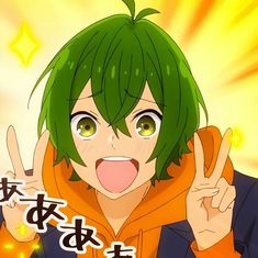 an anime character with green hair making the peace sign and holding his hand up in front of him