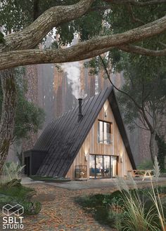 a house in the middle of a forest surrounded by trees