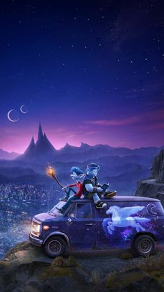 two cats sitting on top of a car in the middle of a night time scene