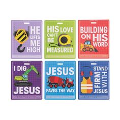 four magnets with different types of construction vehicles and the words jesus, he is love, he can't be measured