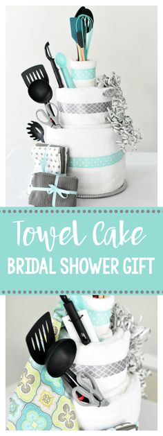 a tower cake with utensils on it and the words towel cake bridal shower gift