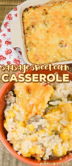 a casserole dish with sausage and sweet corn in it on a red plate