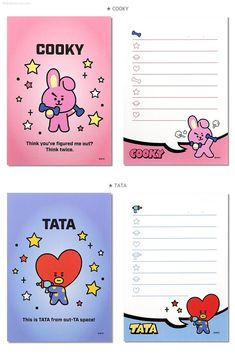 three notebooks with cartoon characters on them and the words cooky, tato