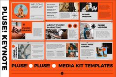 an orange and black presentation board with pictures on it