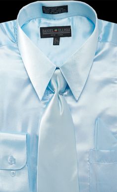 Satin Dress Shirt Regular Fit in Soft Blue With Tie And Pocket Square - SUITS FOR MENS Light Blue Satin Dress, Blue Satin Dress, Shirt With Tie, Military Ball Dresses, Satin Shirt Dress, Illusion Dress, Sweetheart Dress, Basic Dress, Satin Material