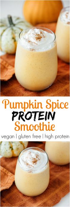 pumpkin spice protein smoothie in two glasses