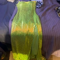 This Dress Is A Size 6 But Im 5’5 And About 150lbs And It Fits And Hugs All The Right Curves And Places. It Does Have An Awkward Slit Inside Of The Dress So Try Not To Put Your Body Within That Slit.It Does Have A Little High Slit On The Left Hip That’s Super Cute. Lime Green Dress, Green Dress, Lime Green, The Dress, Prom Dresses, Super Cute, Prom, Size 6, Womens Dresses