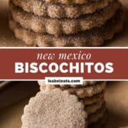 several cookies stacked on top of each other with the words new mexico biscochitos