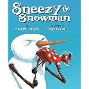 the book cover for sneezy the snowman is shown with a penguin holding a carrot in its mouth