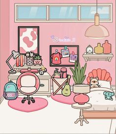 a bedroom with pink walls and lots of furniture