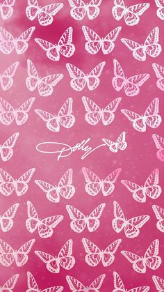 a pink background with white butterflies and the word love written in cursive writing