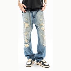 American Vintage Gradient Distressed Denim Jeans for Men, the ultimate blend of style and streetwear attitude. These jeans feature a unique water-washed gradient design with distressed and torn details, exuding an edgy and rebellious vibe. Crafted with premium quality denim, the jeans offer both comfort and durability for all-day wear. The loose and wide-leg fit adds a touch of casual chic, making them a standout piece in your wardrobe. Embrace the high-street and urban cool look with these vers Free Scarf, Gradient Design, Free Socks, Jeans For Men, Free Bracelet, Distressed Denim Jeans, Premium Denim, Denim Fabric, Ripped Jeans