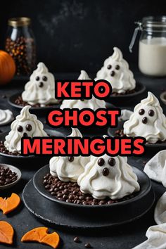 A photo of a  Keto Ghost Meringues which is a type of Keto Halloween Desserts Best Keto Cookies, Ghost Meringues, Halloween Deserts