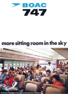 an advertisement for boac 747 shows passengers sitting in the sky on their own seats