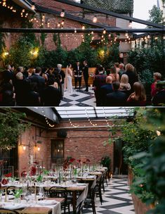 a couple getting married at their wedding reception in an outdoor venue with lots of greenery and hanging lights